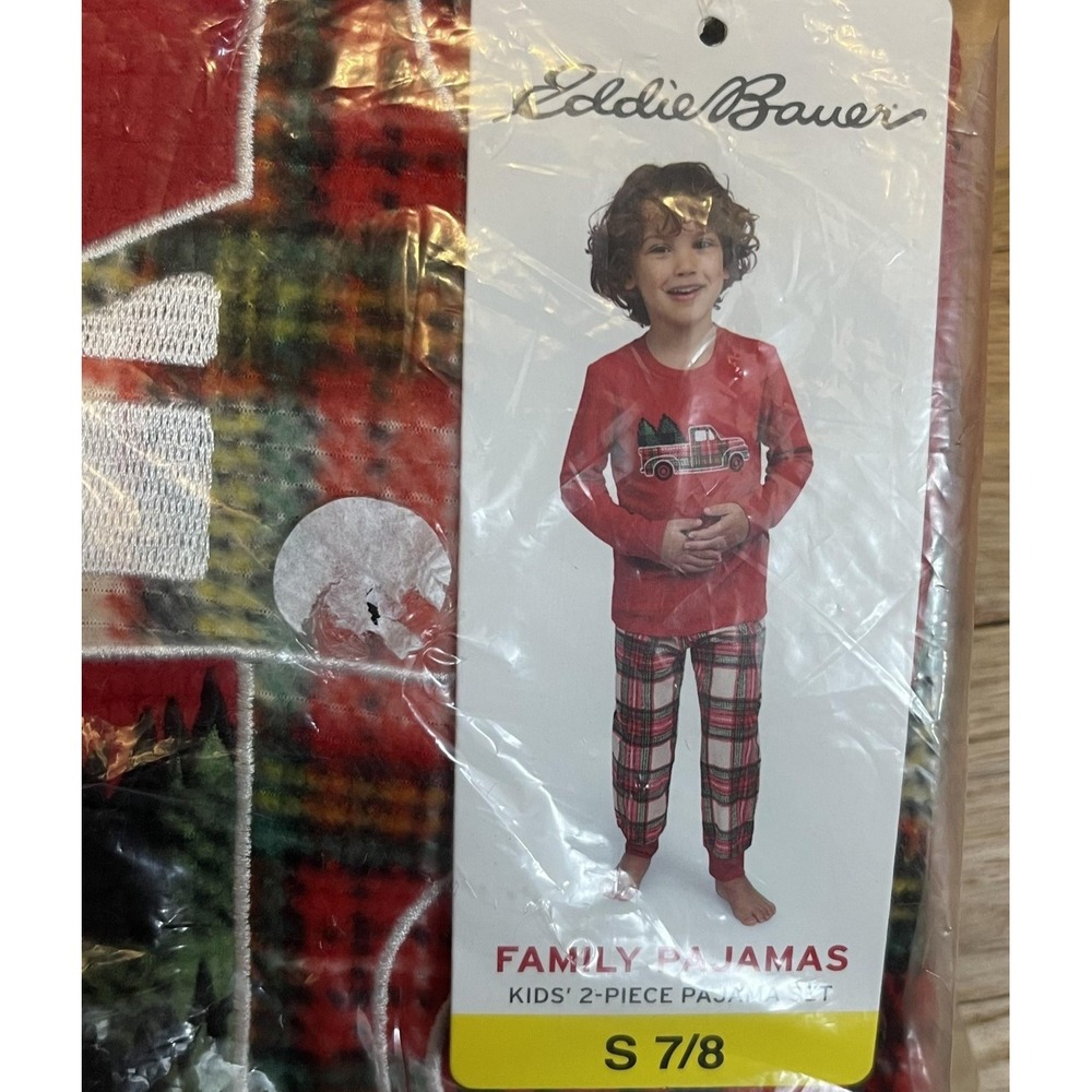 Eddie Bauer Pajamas Set Youth Small 7/8 Red Holiday Family 2-Piece Plaid